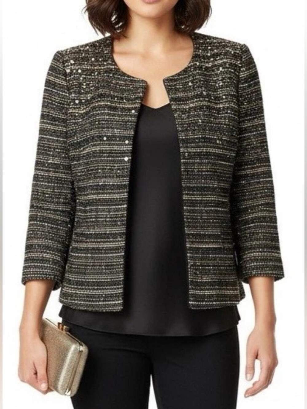 NWT!Metallic Tweed Sequin Fall Jacket Women's Open Front Party Glam Blazer Small